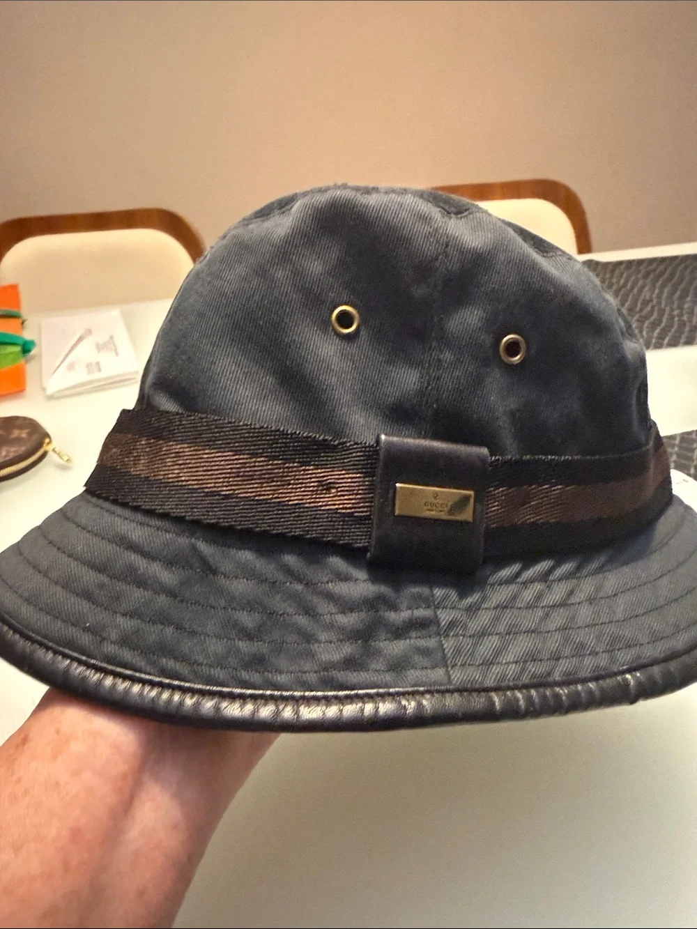 Gucci Black Bucket Hat with Brown Web Trim and Gold Plaque